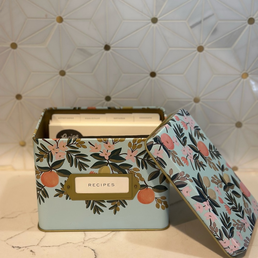 Anthropologie Rifle Paper Co. Charming Floral Recipe Tin Box - Blue and Pink
